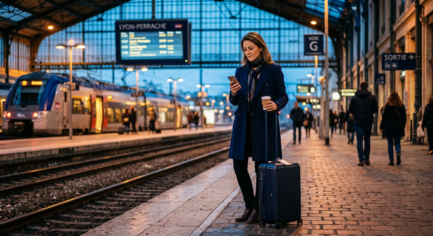 A businesswoman with a rolling suitcase waiting at a French train platform in the evening