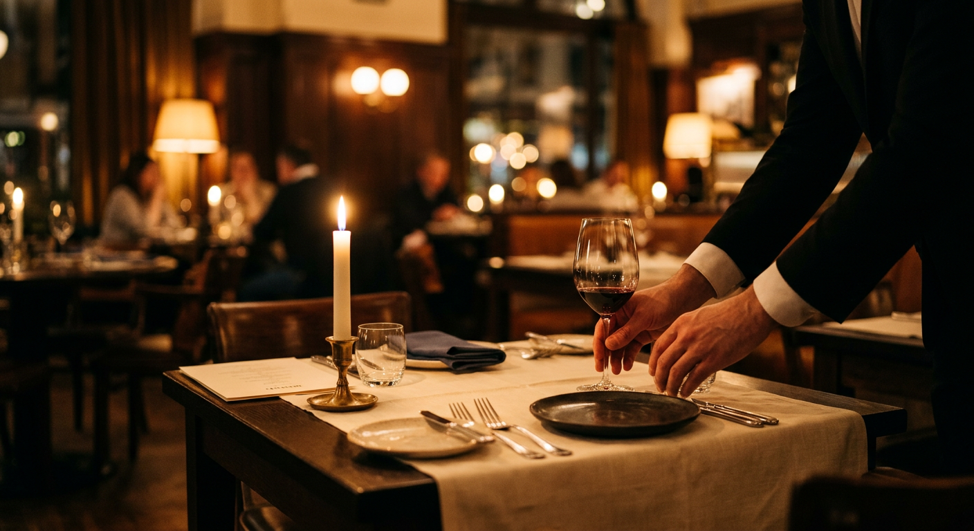 A single restaurant table being set for dinner in the evening, by candlelight
